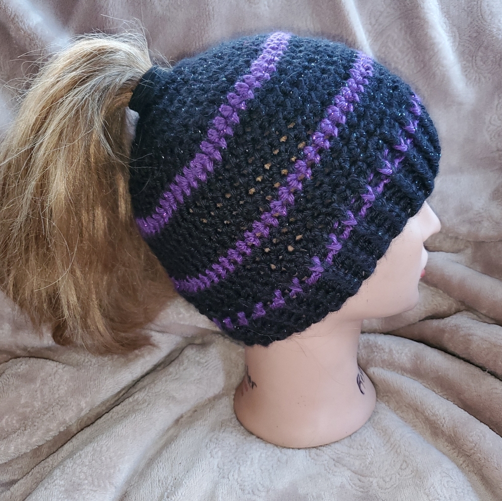 Crocheted messy bun beanie